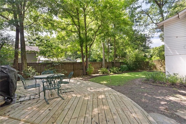 1704 Laurel St, Mobile, AL 36604 - wooden terrace featuring a fenced backyard, outdoor dining space, and grilling area