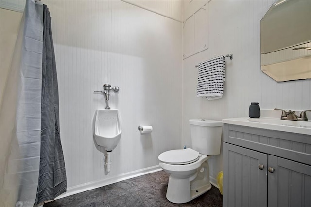 2017 Knollwood Dr, Mobile, AL 36609 - bathroom with toilet, baseboards, a shower with curtain, and vanity