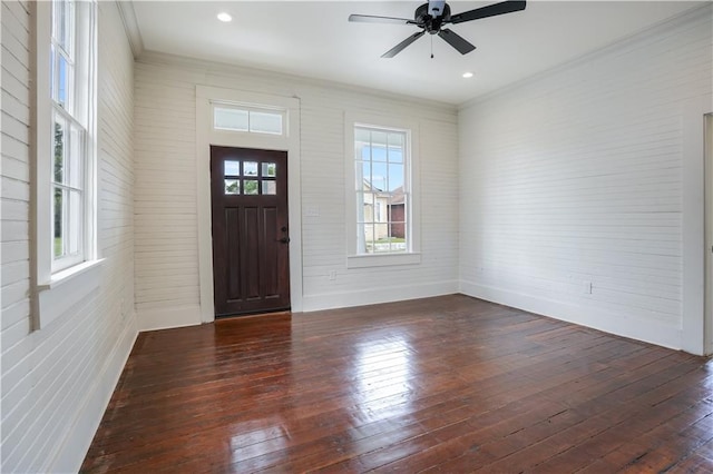 entrance foyer featuring ceiling fan, ornamental molding, and dark hardwood / wood-style flooring