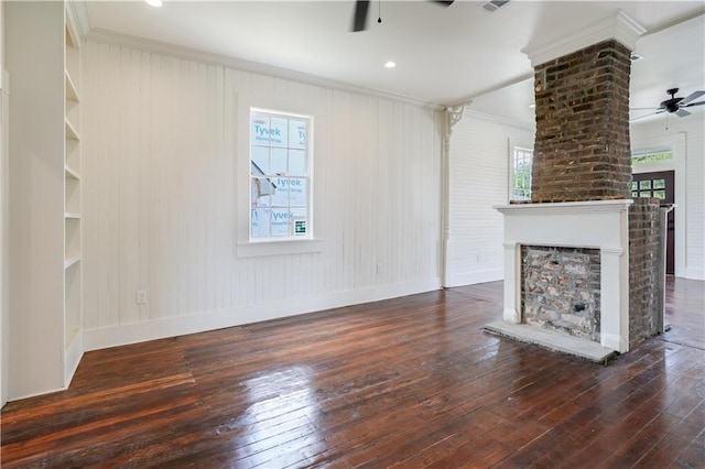 unfurnished living room featuring plenty of natural light, ornamental molding, dark hardwood / wood-style floors, and ceiling fan