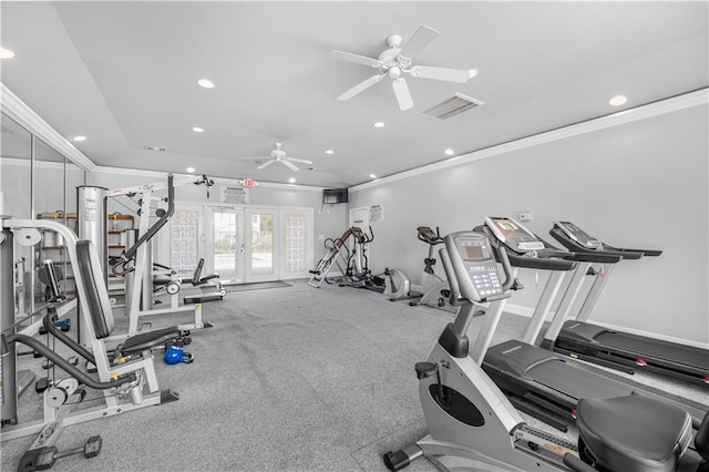 gym with crown molding, ceiling fan, and french doors