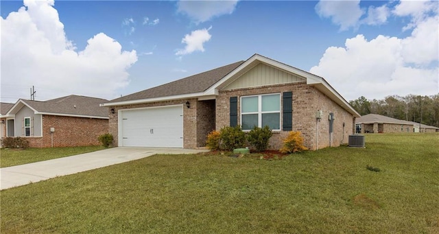 ranch-style house with a front lawn, central AC unit, and a garage