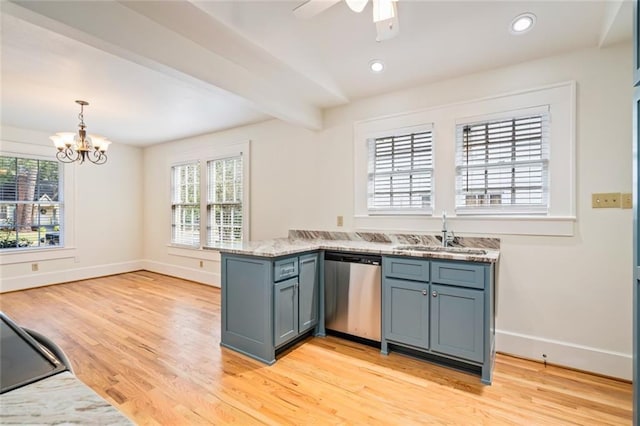 kitchen with sink, plenty of natural light, decorative light fixtures, stainless steel dishwasher, and beamed ceiling