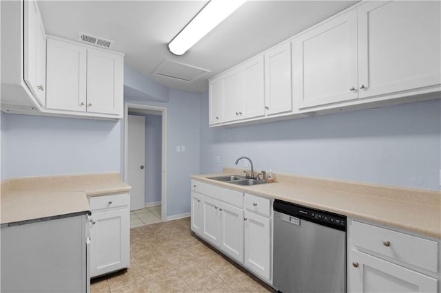 kitchen featuring white cabinetry, stainless steel dishwasher, and sink