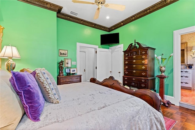 bedroom featuring visible vents, baseboards, a ceiling fan, and crown molding