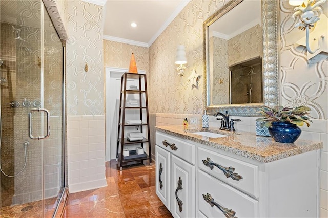 full bathroom with a stall shower, crown molding, and wallpapered walls