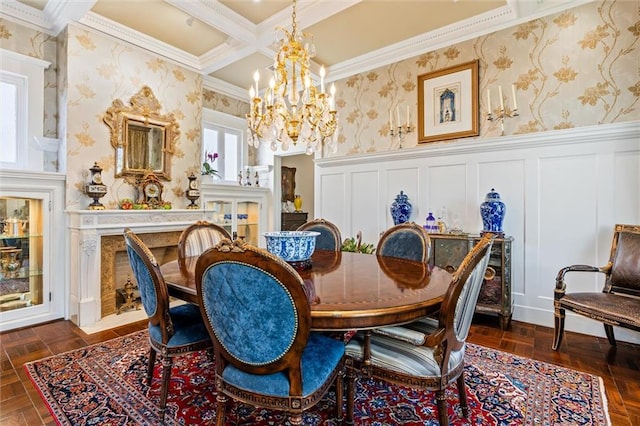 dining area featuring plenty of natural light, beam ceiling, wainscoting, and wallpapered walls