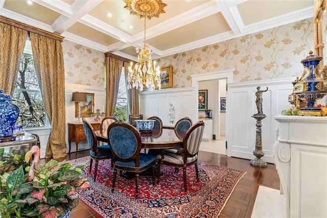 dining area with wallpapered walls, an inviting chandelier, coffered ceiling, and wainscoting