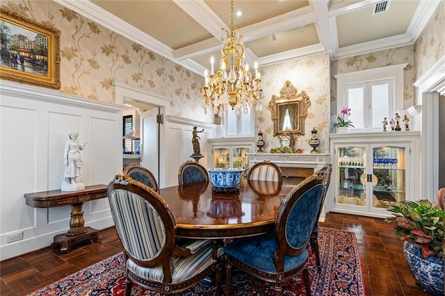 dining space featuring french doors, a decorative wall, visible vents, and wallpapered walls