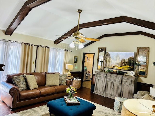 living room with lofted ceiling with beams, ceiling fan, and dark wood-style flooring