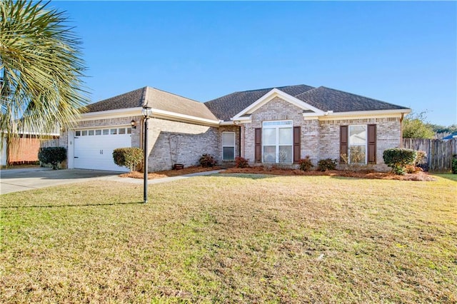 single story home featuring a garage and a front yard