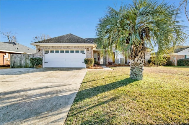 ranch-style home featuring a garage and a front lawn