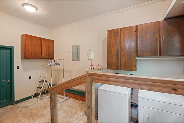 4950 Santos Dr E, Mobile, AL 36619 - laundry area with cabinet space, independent washer and dryer, electric panel, ornamental molding, and light colored carpet