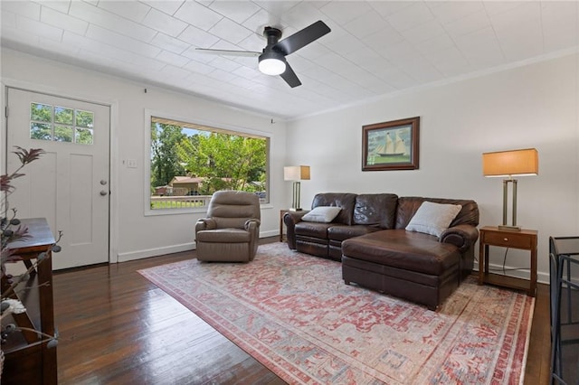 4950 Santos Dr E, Mobile, AL 36619 - living area featuring ornamental molding, a ceiling fan, wood finished floors, and baseboards