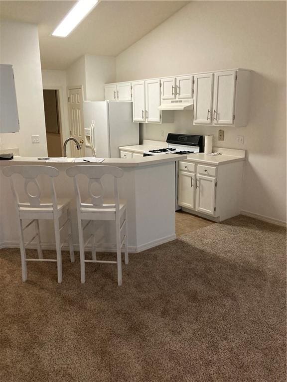 kitchen featuring premium range hood, dark carpet, and white refrigerator with ice dispenser