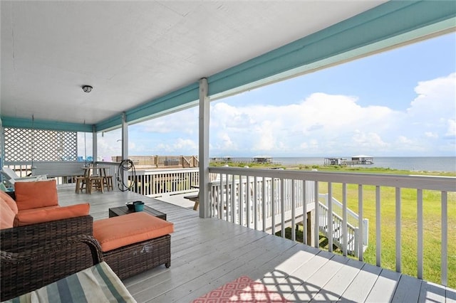 2528 Bridgeview Dr, Dauphin Island, AL 36528 - wooden deck featuring a water view and a yard