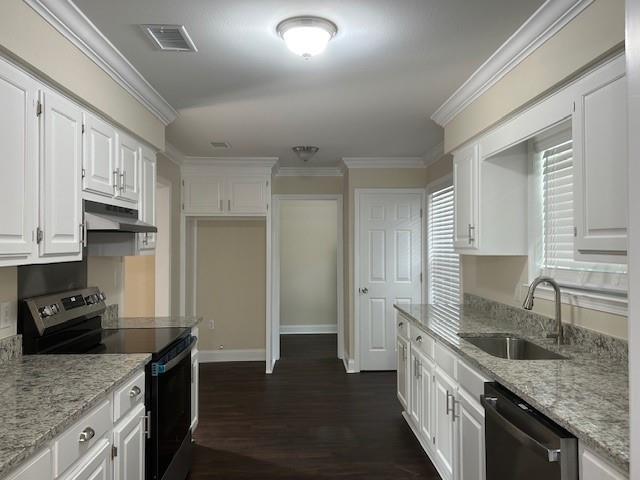 13580 Laco Cooper Rd, Wilmer, AL 36587 - kitchen featuring range with electric cooktop, a sink, stainless steel dishwasher, under cabinet range hood, and white cabinets