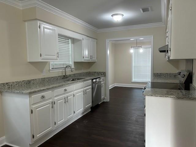 13580 Laco Cooper Rd, Wilmer, AL 36587 - kitchen with stainless steel dishwasher, range, a sink, extractor fan, and dark wood-style floors