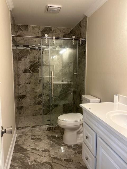 13580 Laco Cooper Rd, Wilmer, AL 36587 - bathroom with vanity, toilet, a shower stall, and marble finish flooring