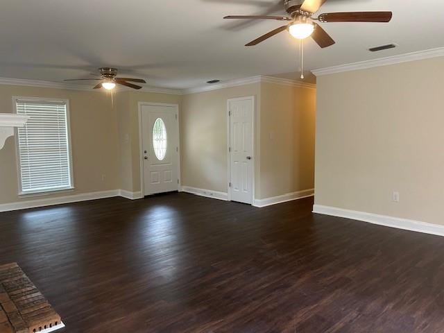 13580 Laco Cooper Rd, Wilmer, AL 36587 - entryway with ceiling fan, baseboards, dark wood finished floors, and ornamental molding