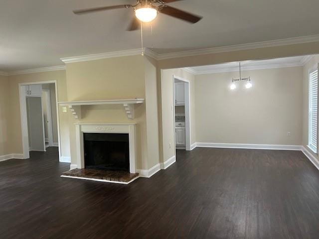13580 Laco Cooper Rd, Wilmer, AL 36587 - unfurnished living room with a ceiling fan, dark wood-style floors, crown molding, baseboards, and a fireplace with raised hearth