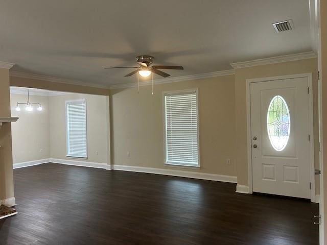 13580 Laco Cooper Rd, Wilmer, AL 36587 - foyer featuring a ceiling fan, dark wood-type flooring, baseboards, and ornamental molding