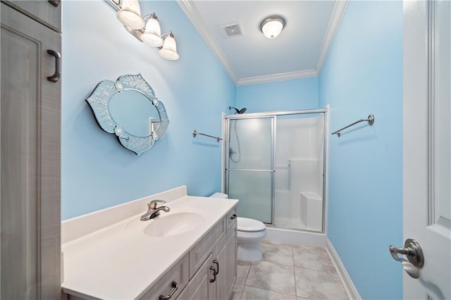 404 Savannah Ln, Foley, AL 36535 - full bathroom featuring crown molding, visible vents, toilet, a shower stall, and vanity