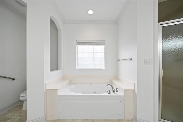 404 Savannah Ln, Foley, AL 36535 - bathroom with toilet, tile patterned floors, a tub with jets, a stall shower, and crown molding