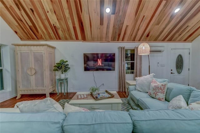 living room featuring hardwood / wood-style flooring, a wall mounted air conditioner, vaulted ceiling, and wooden ceiling