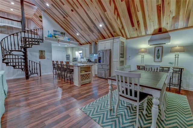 dining area with high vaulted ceiling, dark wood-type flooring, a wall mounted AC, and wood ceiling