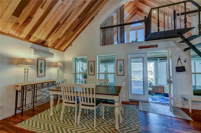 dining room featuring wood ceiling, dark hardwood / wood-style floors, high vaulted ceiling, and a wall unit AC