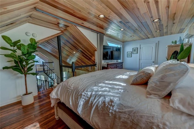 bedroom with wooden ceiling and dark hardwood / wood-style floors