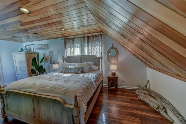 bedroom with vaulted ceiling, dark wood-type flooring, and wood ceiling