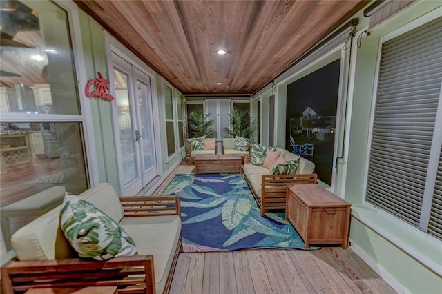 sunroom with wood ceiling