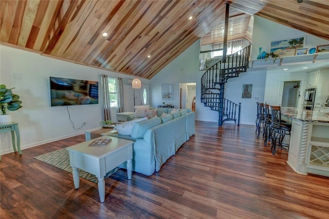 living room featuring dark wood-type flooring, high vaulted ceiling, and wooden ceiling