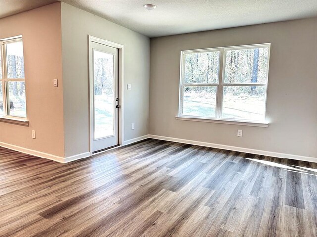 bathroom featuring vanity, hardwood / wood-style floors, and plus walk in shower