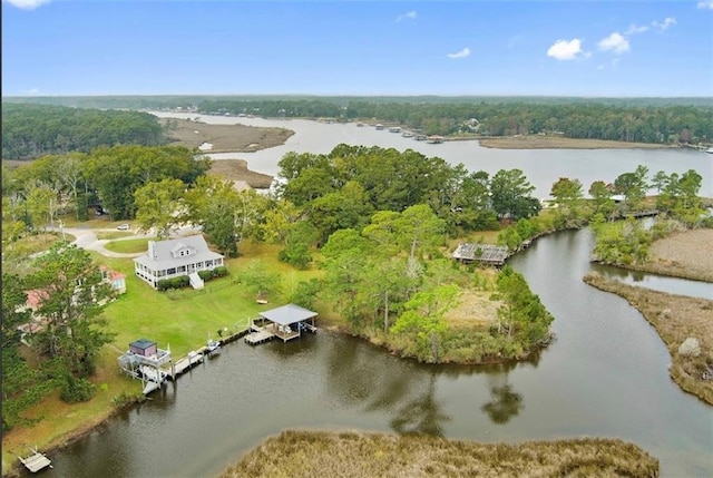 drone / aerial view featuring a water view