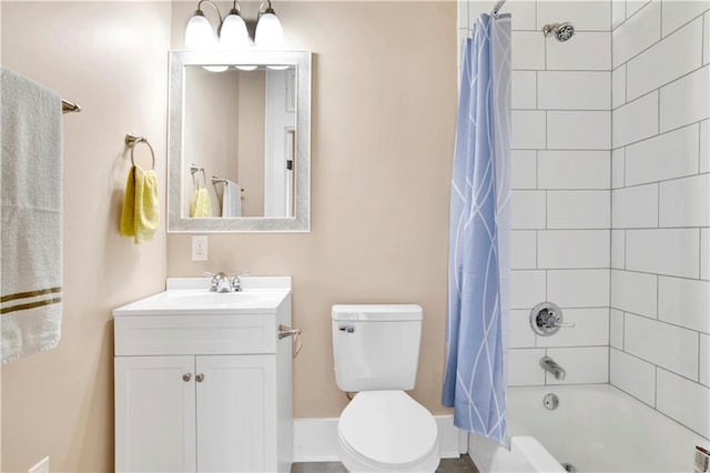 full bathroom featuring vanity, shower / tub combo with curtain, and toilet