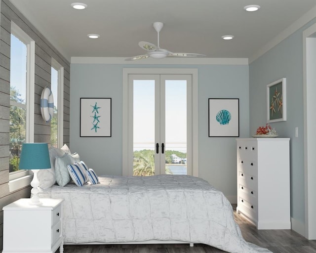 bedroom featuring ceiling fan, french doors, dark wood-type flooring, access to outside, and ornamental molding