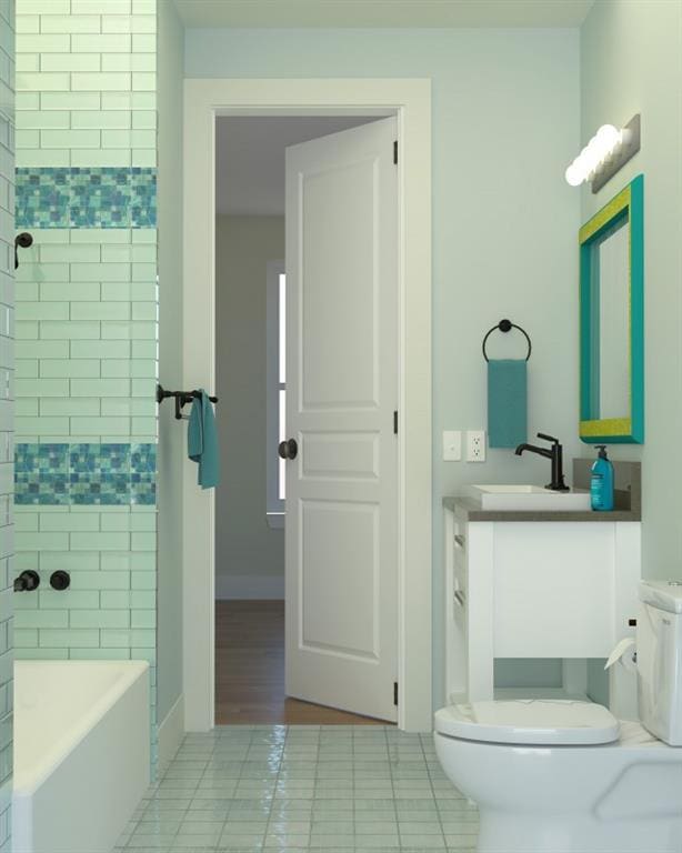 bathroom with a tub, tile patterned flooring, vanity, and toilet