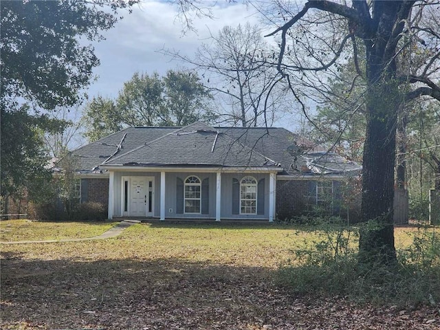 view of front facade featuring a front lawn and roof with shingles