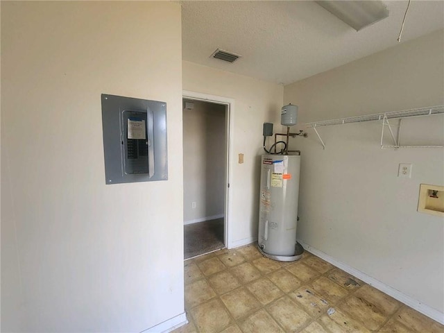 utilities featuring electric panel, electric water heater, and visible vents