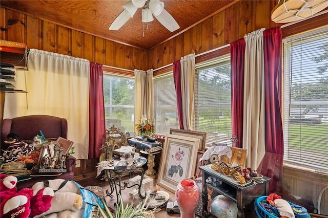 interior space featuring ceiling fan, hardwood / wood-style flooring, wood walls, and ornamental molding