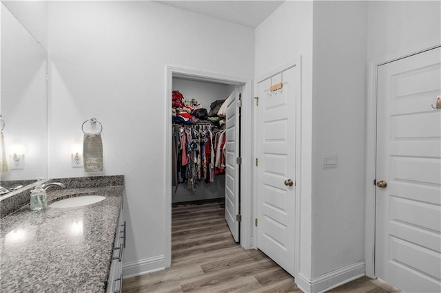 bathroom with baseboards, a spacious closet, wood finished floors, and vanity