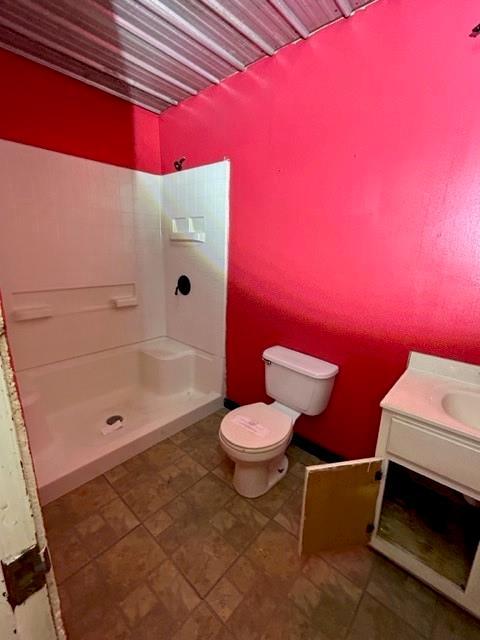 bathroom with vanity, toilet, and walk in shower