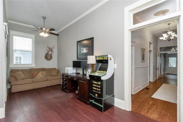 office area featuring ceiling fan with notable chandelier, hardwood / wood-style flooring, and crown molding