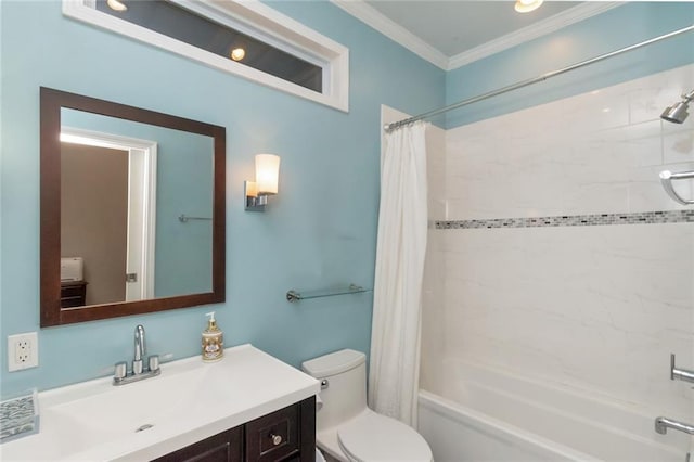 full bathroom with shower / tub combo, toilet, vanity, and ornamental molding