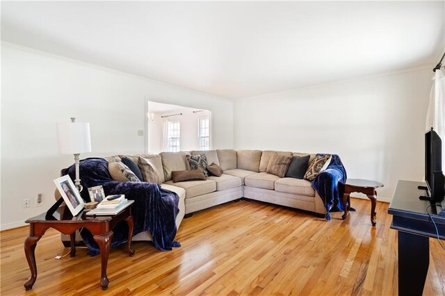 living room with light wood-type flooring and crown molding