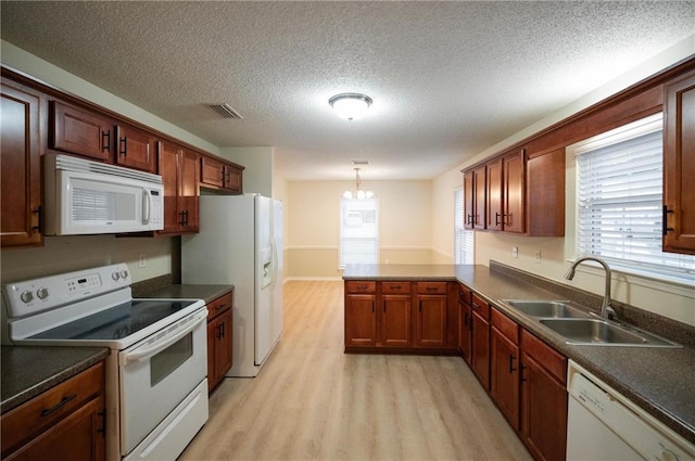 kitchen with sink, white appliances, hanging light fixtures, a chandelier, and light wood-type flooring