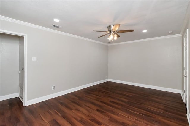 empty room with dark hardwood / wood-style floors, ceiling fan, and crown molding